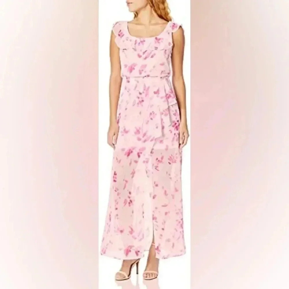 NINE WEST Women's Faux Wrap Maxi Dress with Ruffle Detail at Neckline